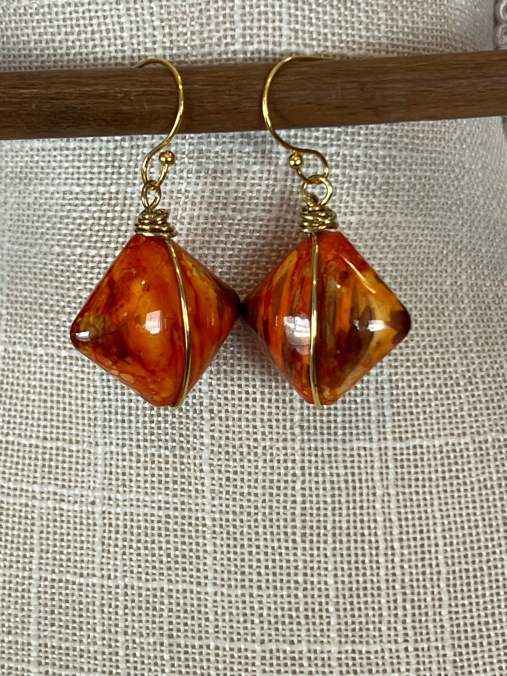 Gold-Wire Orange Marbled Drop Earrings